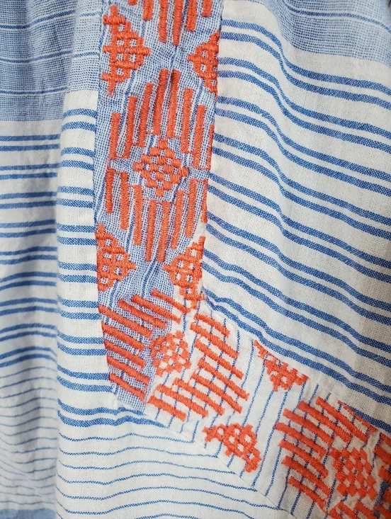 Democracy Blue Striped Boho Peasant Top with Red Embroidery and Lace Trim - Picture 12 of 14